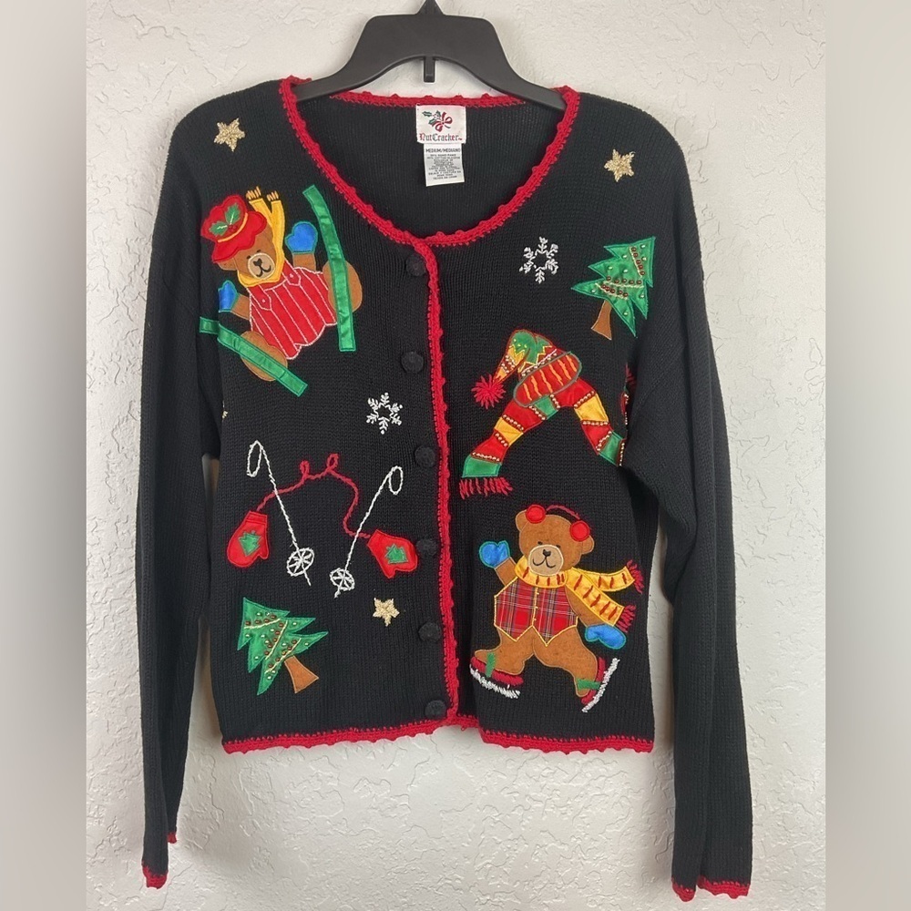 Women’s Vintage Nutcracker Christmas Teddy Bear Button Down Sweater Cardigan